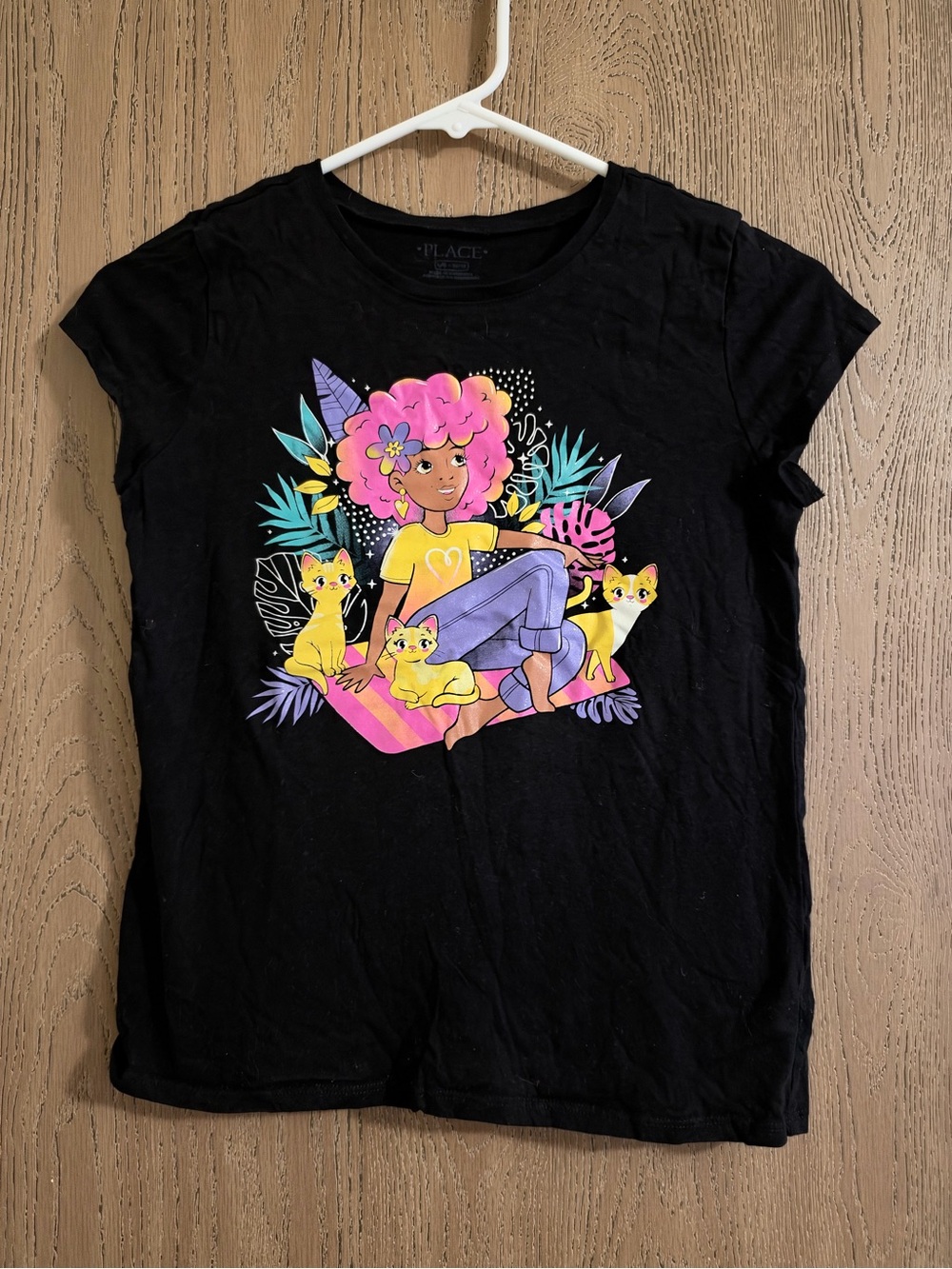 Place Black Tee with Pink-Haired Girl and Yellow Kittens